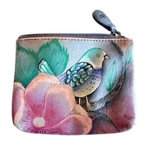 Anuschka Hand-Painted Leather Coin Purse Floral Bird Zip Wallet